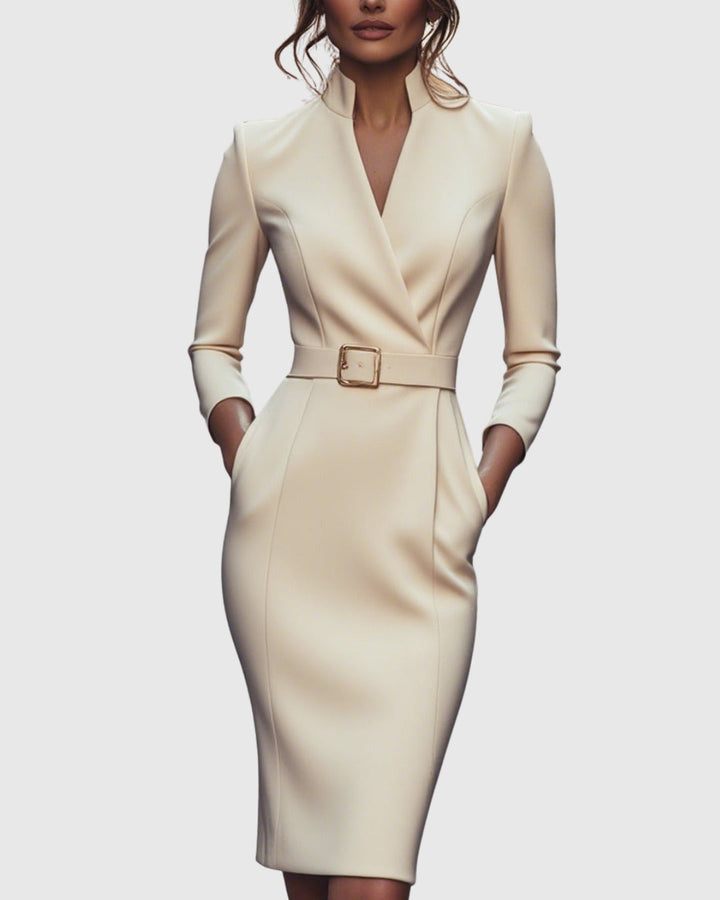 Versatile women's long sleeve bodycon midi dress, suitable for sophisticated cocktail, party & evening wear.
