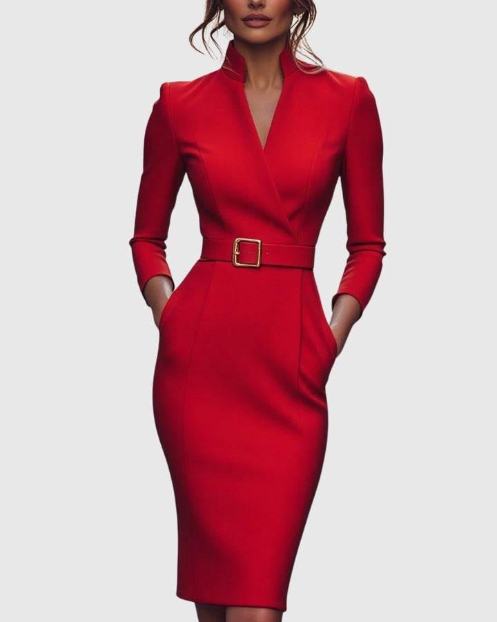 Modern women's long sleeve bodycon midi dress, a chic and elegant choice for cocktail & evening wear.