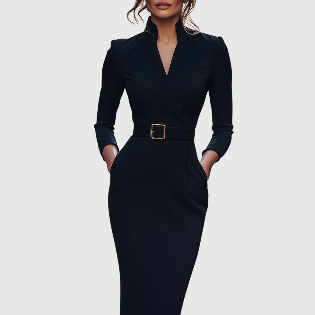 Form-fitting women's long sleeve bodycon midi dress, ideal for a chic cocktail party & elegant evening look.
