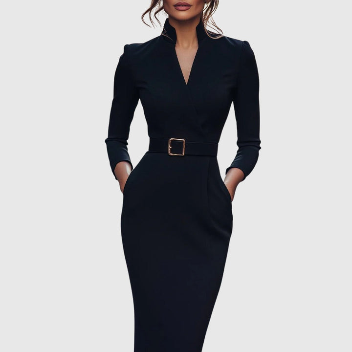 Form-fitting women's long sleeve bodycon midi dress, ideal for a chic cocktail party & elegant evening look.