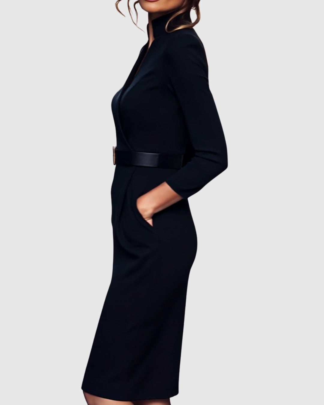 Sophisticated long sleeve bodycon midi dress for women, ideal for elegant evening & cocktail occasions.