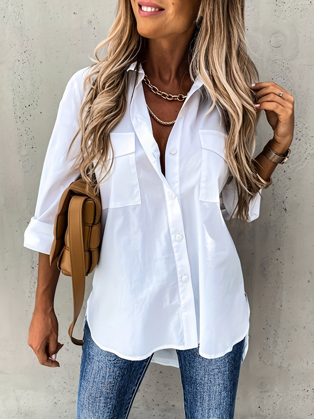 Women's elegant long-sleeve lapel collar shirt. Comfortable everyday blouse perfect for office or casual wear.
