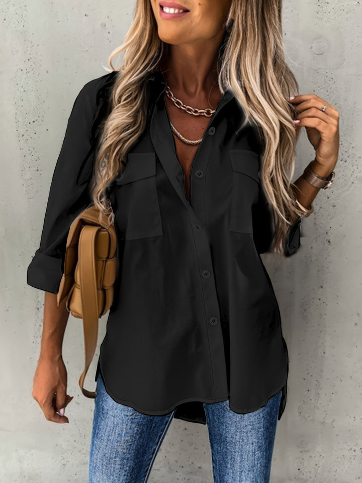 Close-up of a women's breathable lapel collar shirt. Stylish long-sleeve blouse for versatile everyday fashion.