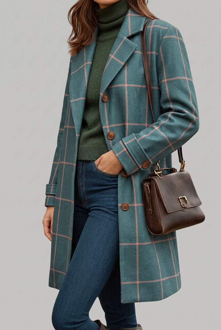 Women's elegant longline check pattern coat with button-front closure, a stylish choice for fall & winter fashion.