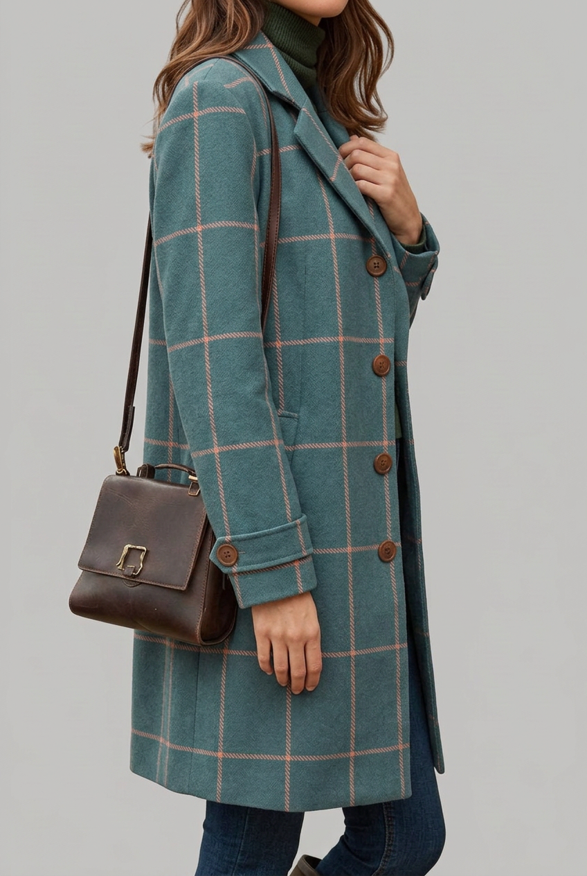 Stylish teal women's longline coat featuring a chic check pattern & elegant button front for a classic winter look.