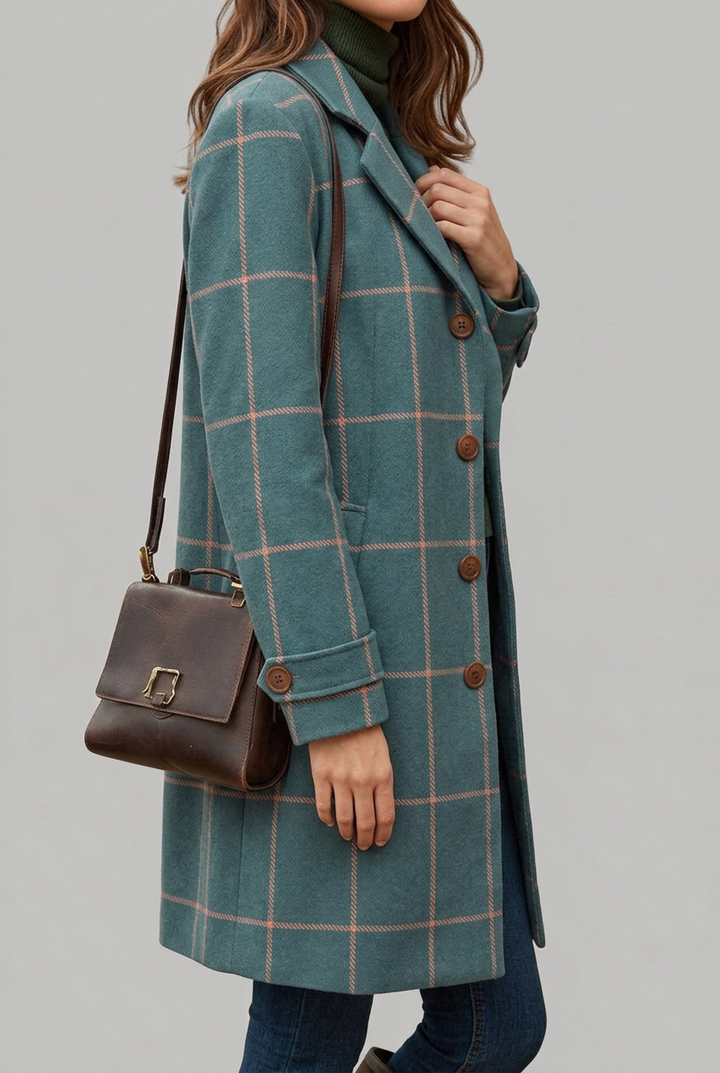 Stylish teal women's longline coat featuring a chic check pattern & elegant button front for a classic winter look.