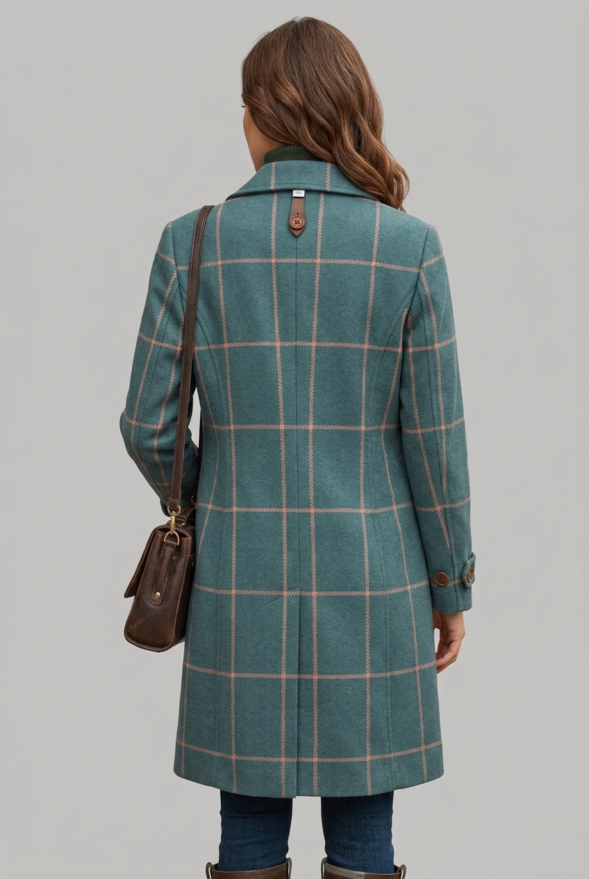 Tailored women's longline outerwear: a classic check pattern coat with a sophisticated button front, ideal for fall.
