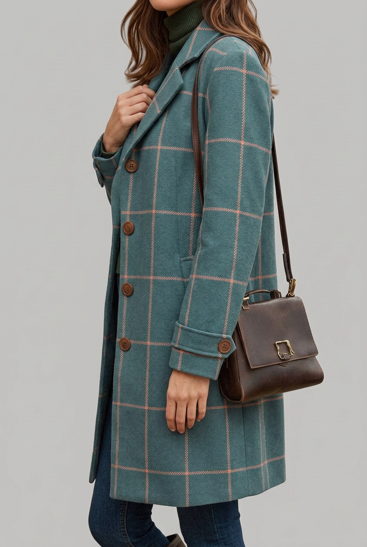 Elegant women's button-front longline coat with stylish check pattern, perfect tailored outerwear for winter fashion.