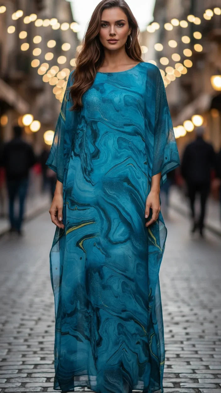 Elegant women's marbled kaftan gown with graceful batwing sleeves, ideal for special occasions.