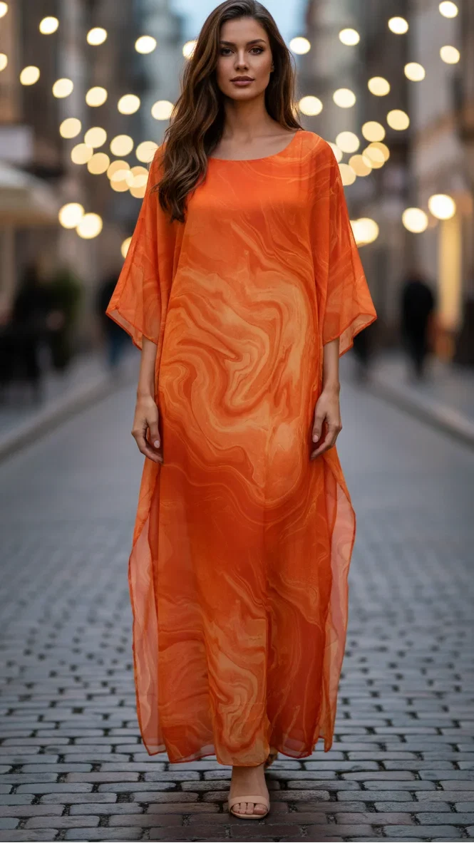 Stylish women's summer kaftan maxi dress in a unique marbled pattern with airy batwing sleeves.