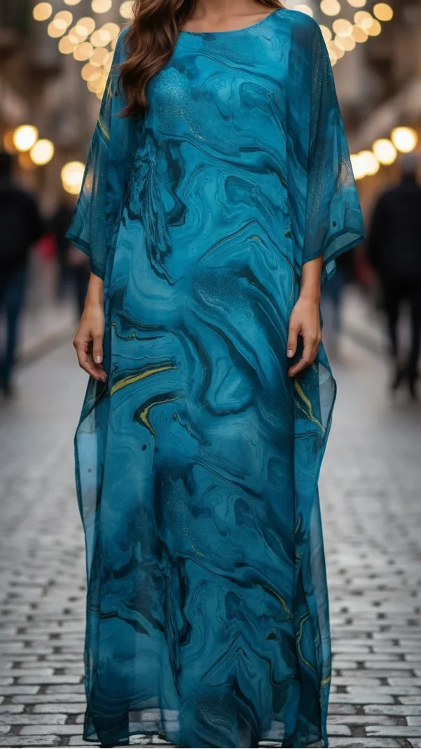 Marbled pattern women's party maxi dress, a flowy kaftan gown with elegant batwing sleeves.