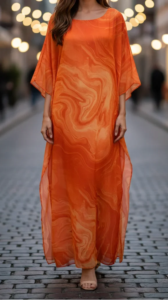 Chic women's marbled evening gown, a comfortable maxi kaftan dress with graceful batwing sleeves.