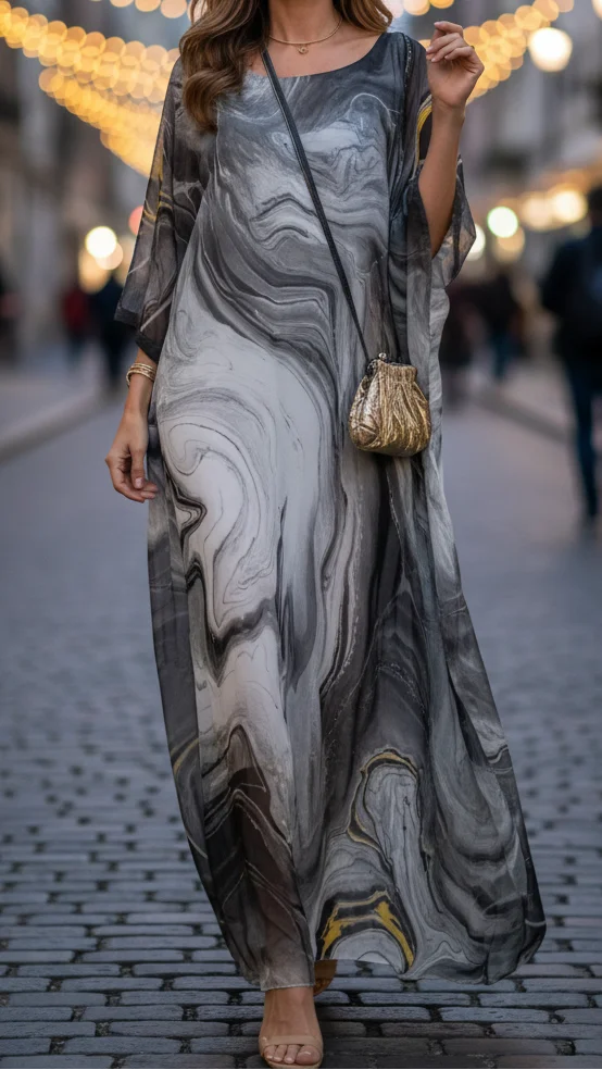 Luxurious women's marbled kaftan maxi dress with batwing sleeves and a round neck for elegant style.