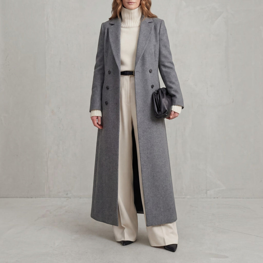 Women's elegant maxi double-breasted winter trench coat, classic style outerwear.