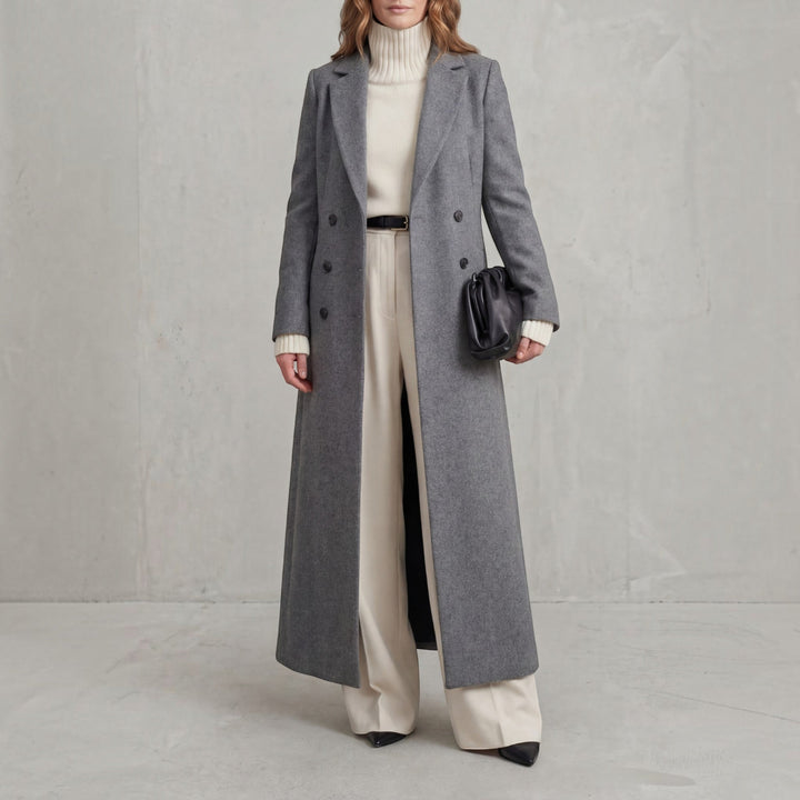 Women's elegant maxi double-breasted winter trench coat, classic style outerwear.