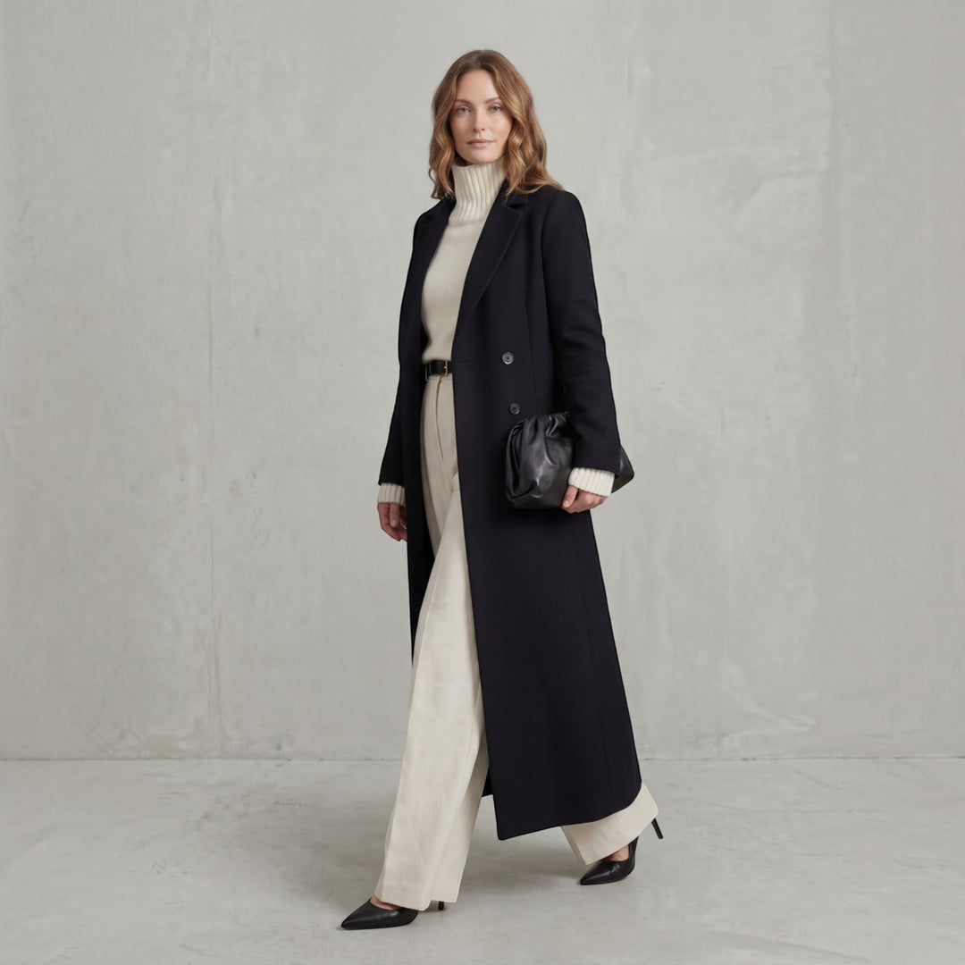 Elegant women's maxi winter trench coat, double-breasted long jacket, classic and chic.