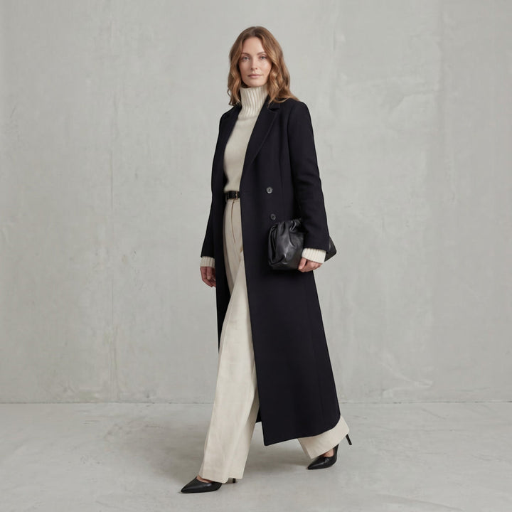 Elegant women's maxi winter trench coat, double-breasted long jacket, classic and chic.