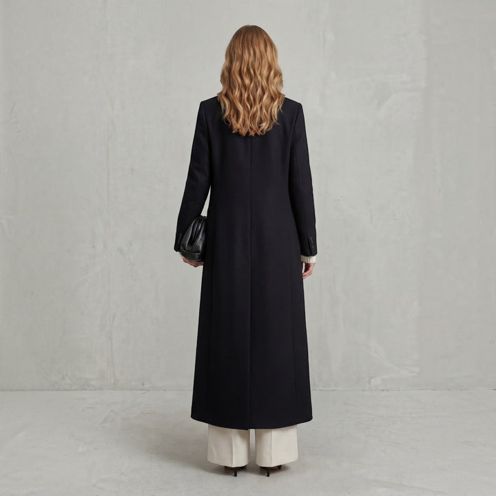 Versatile women's double-breasted maxi trench coat, elegant long winter jacket for any occasion.