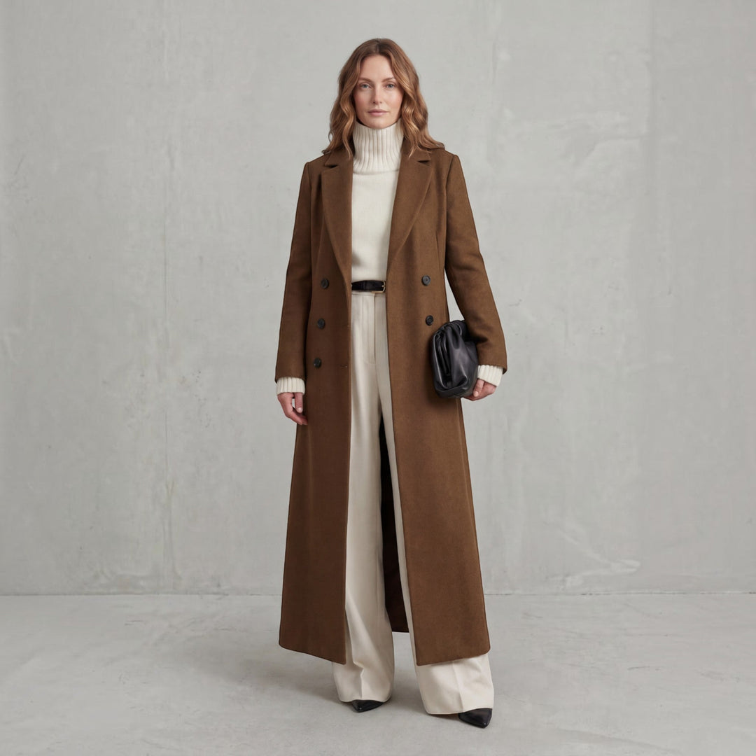 Women's elegant double-breasted maxi trench coat, a classic long winter jacket for chic style.