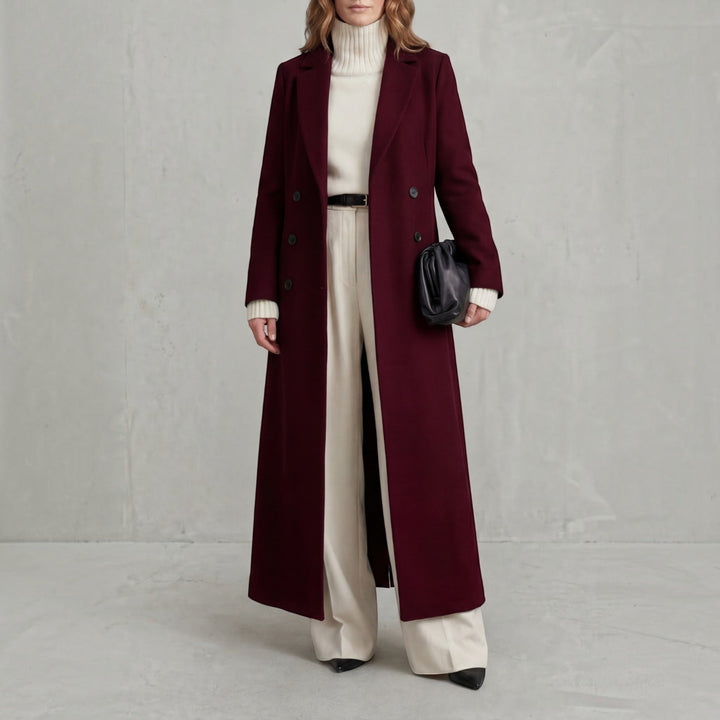 Elegant women's long winter trench coat, double-breasted maxi design, chic and fashionable outerwear.