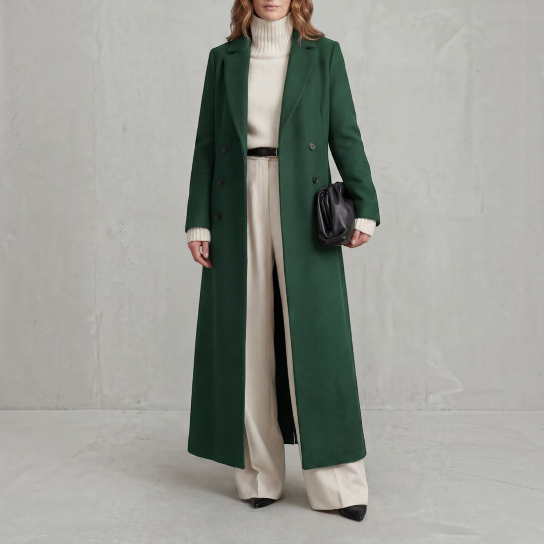 Classic style women's long trench coat, elegant double-breasted design for chic winter fashion.