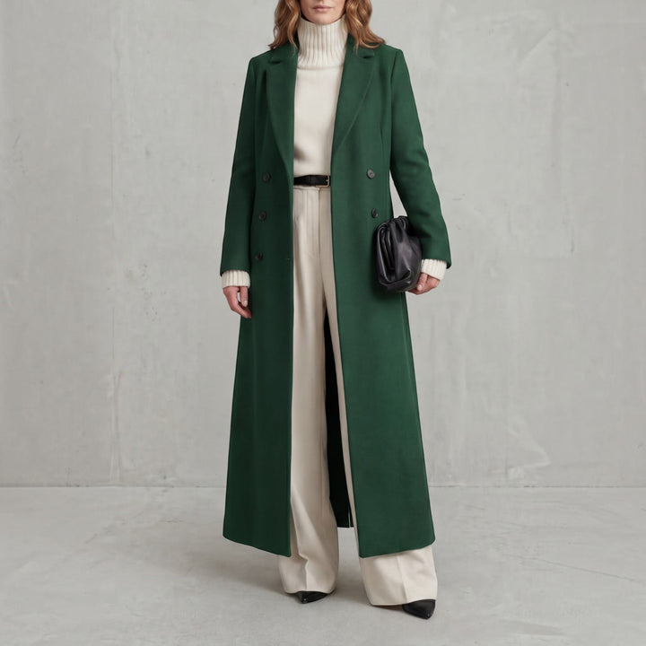 Classic style women's long trench coat, elegant double-breasted design for chic winter fashion.