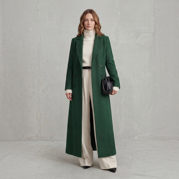 Elegant women's maxi trench coat, double-breasted winter jacket for a classic & chic look.