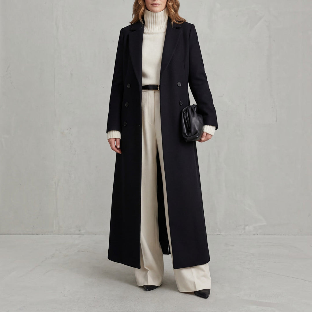 Stylish women's long double-breasted trench coat, elegant winter outerwear for a classic look.