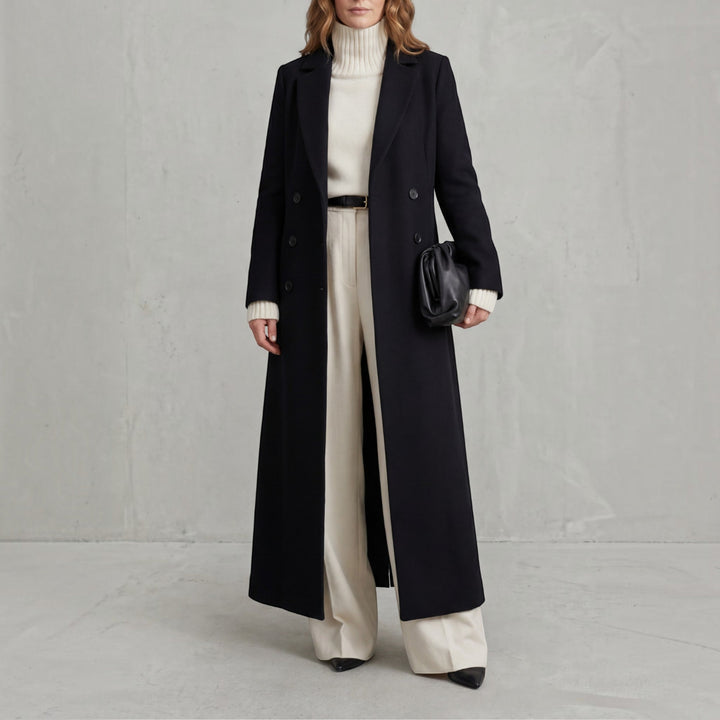 Stylish women's long double-breasted trench coat, elegant winter outerwear for a classic look.