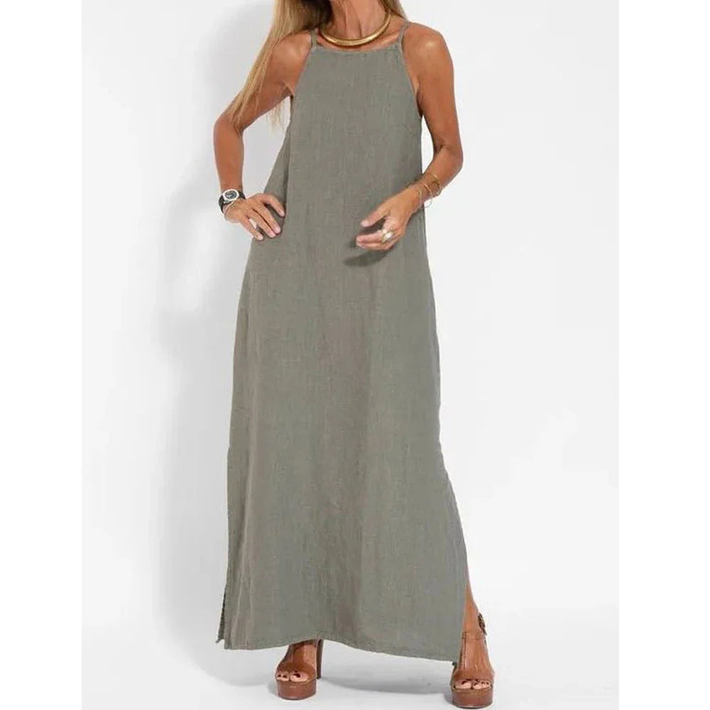 Comfortable women's maxi slip dress with chic side slits, great for casual outings, beach days, or relaxed wear.