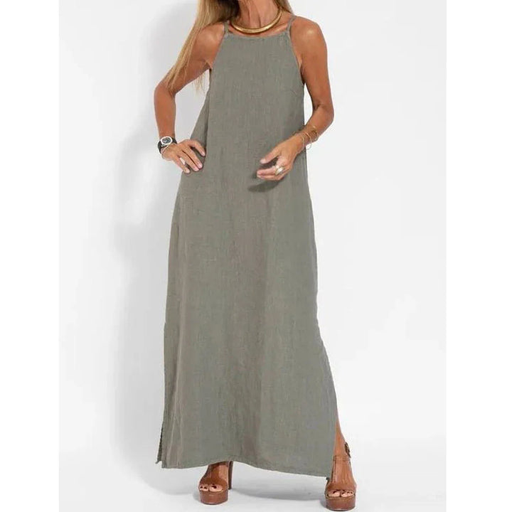 Comfortable women's maxi slip dress with chic side slits, great for casual outings, beach days, or relaxed wear.