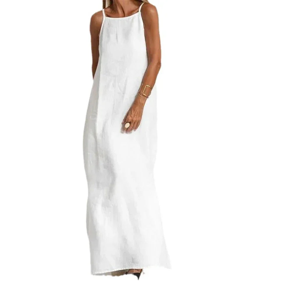 Versatile women's slip maxi dress featuring elegant slits, suitable for both casual and dressy occasions.