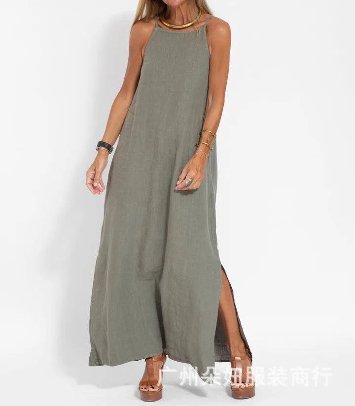 Chic women's maxi dress with elegant slip design and stylish high slits, offering comfort and sophistication.