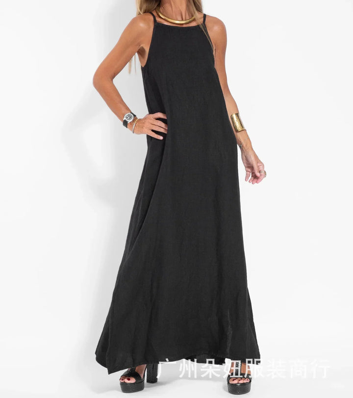 Long women's elegant slip dress with fashionable side slits, a comfortable choice for parties or daily wear.