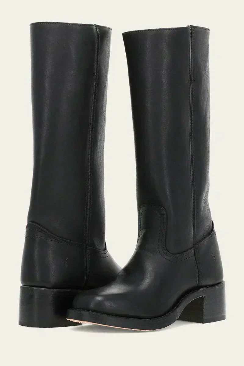 Chic black women's mid-calf boots, comfortable block heel, closed toe, versatile fashion footwear.