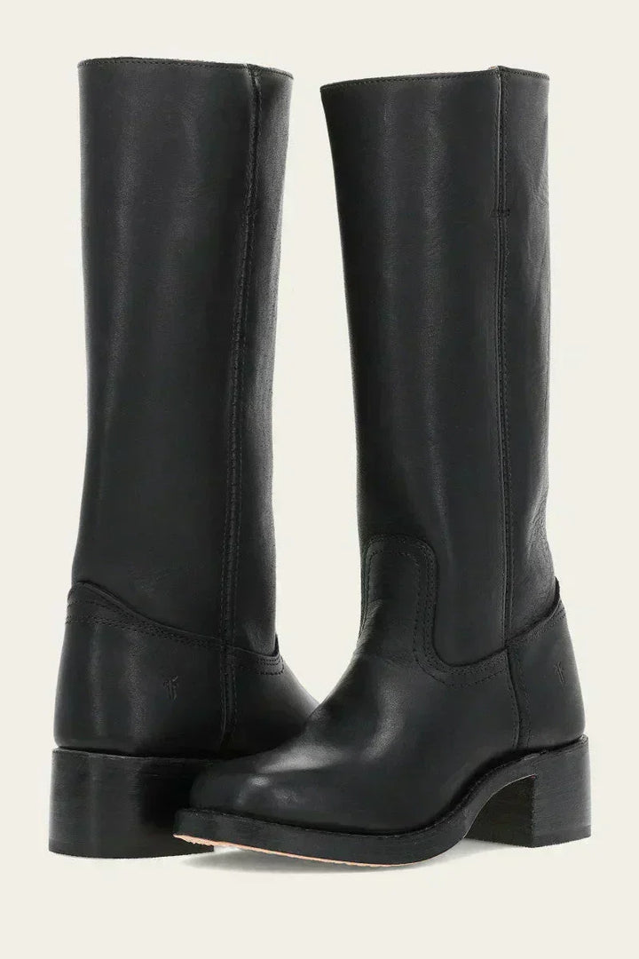 Chic black women's mid-calf boots, comfortable block heel, closed toe, versatile fashion footwear.