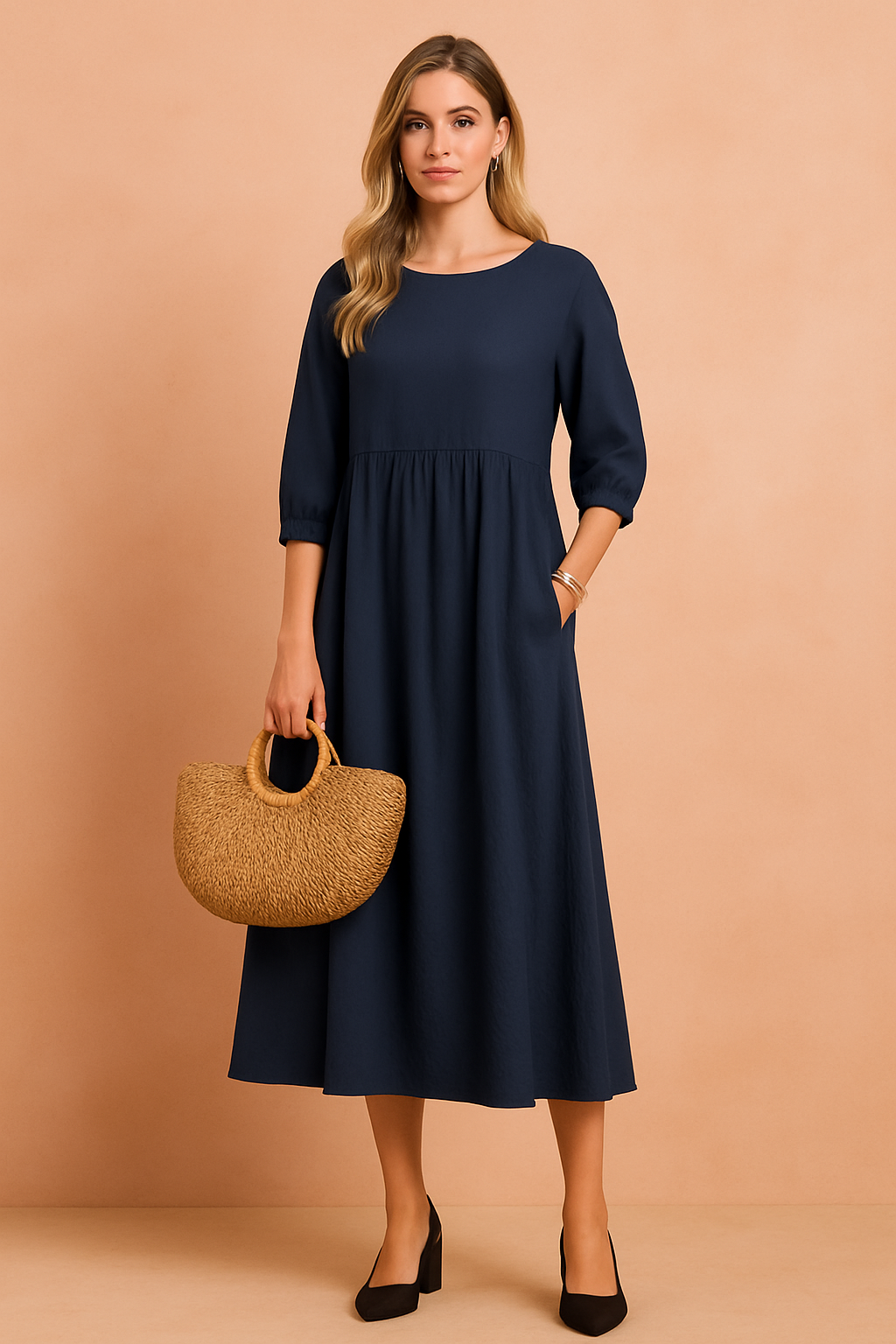 Comfortable and versatile midi dress for women, featuring stylish 3/4 length sleeves.