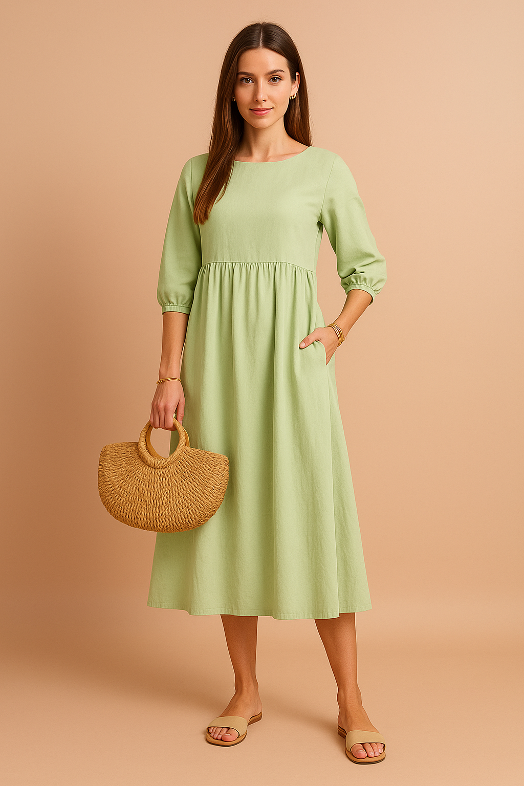 Discover comfort in this women's midi dress with flattering 3/4 sleeves.
