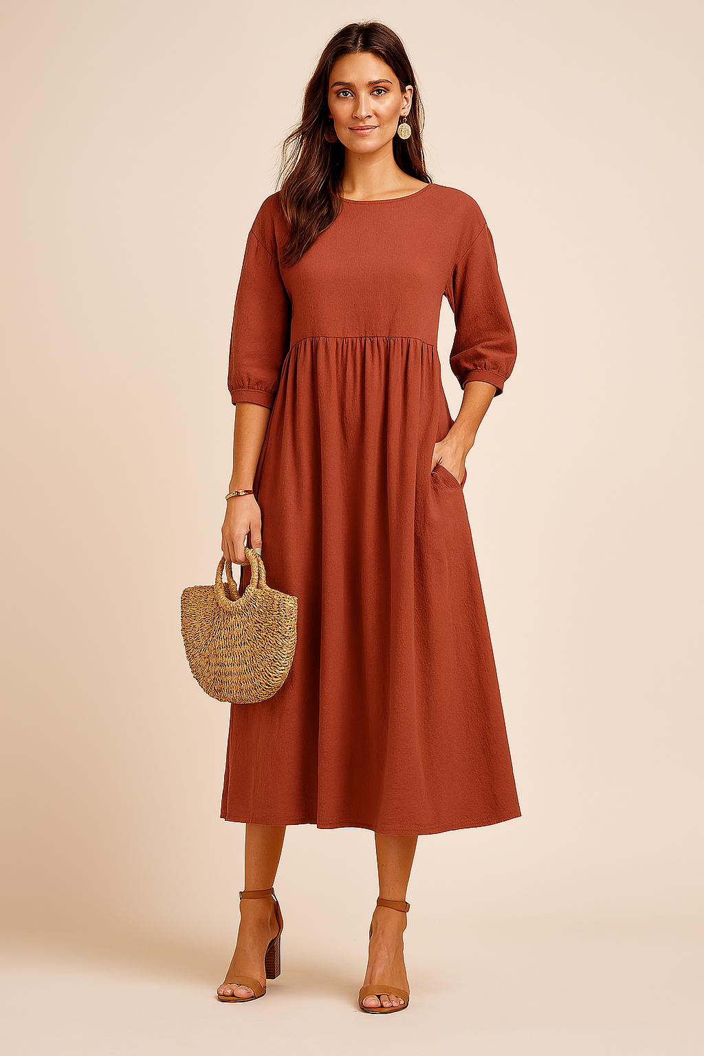 Effortless elegance in a midi dress with 3/4 sleeves, perfect for the modern woman.