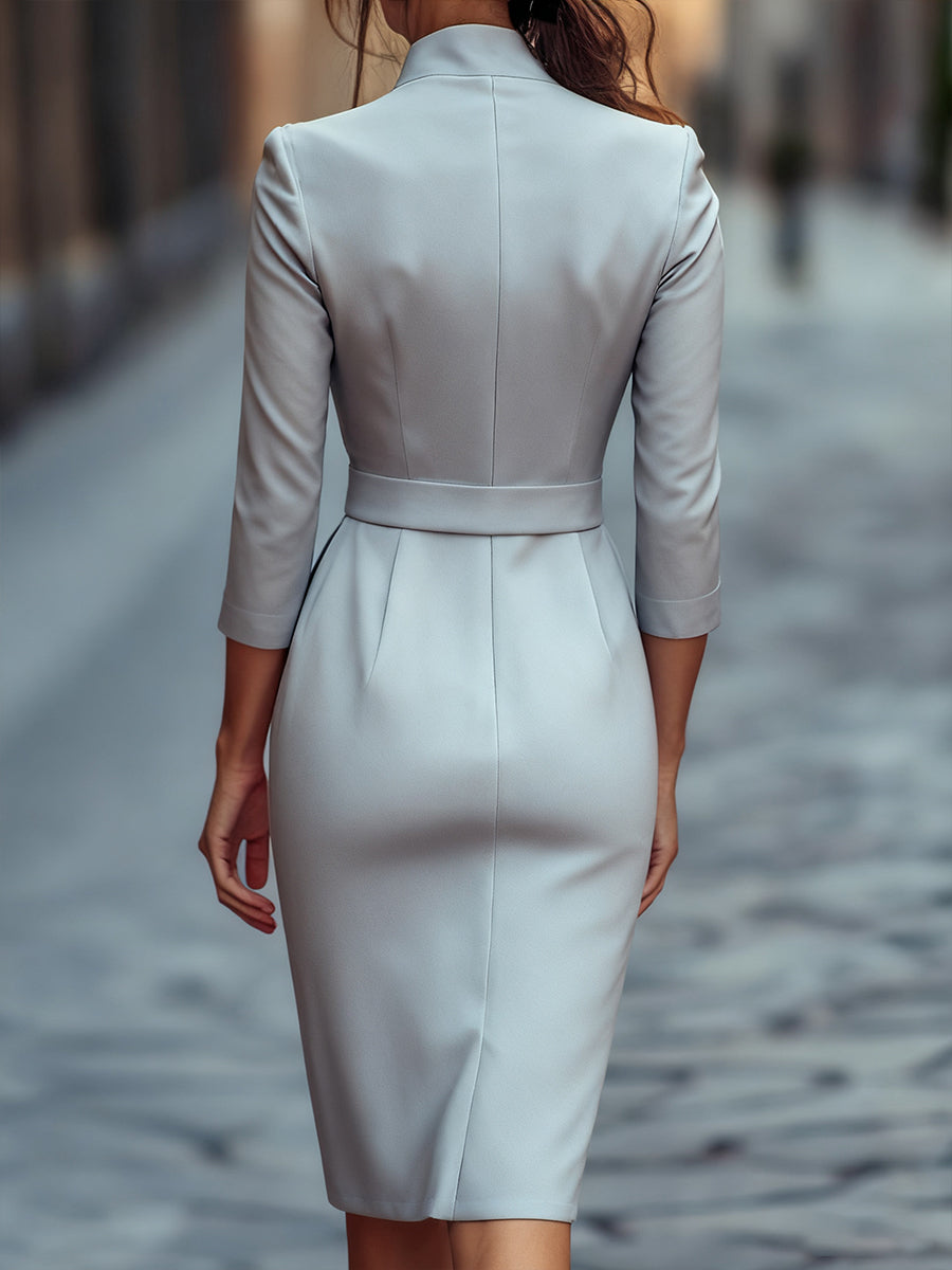 Stylish women's cocktail midi dress with a sophisticated Mandarin collar for special events.