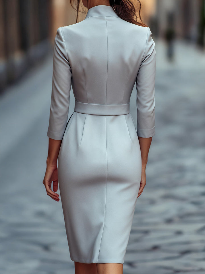 Stylish women's cocktail midi dress with a sophisticated Mandarin collar for special events.