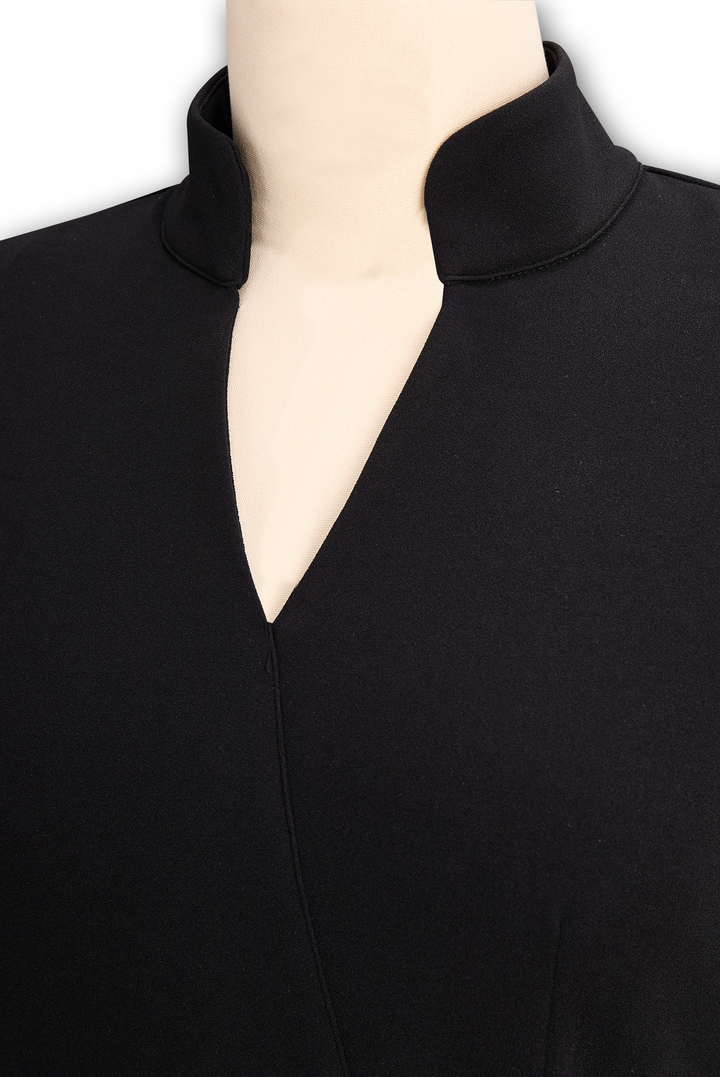 Modern elegant women's midi dress, designed for graduation, featuring a distinct Mandarin collar.