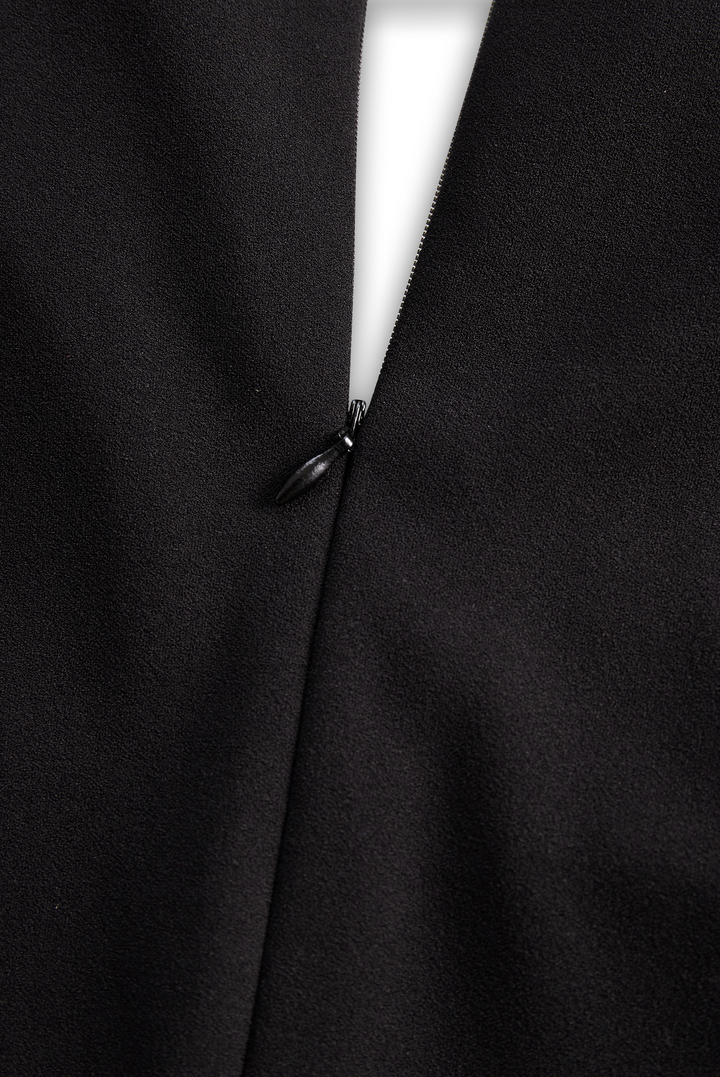 Women's formal wear: elegant midi dress with a professional wrap design & Mandarin collar.