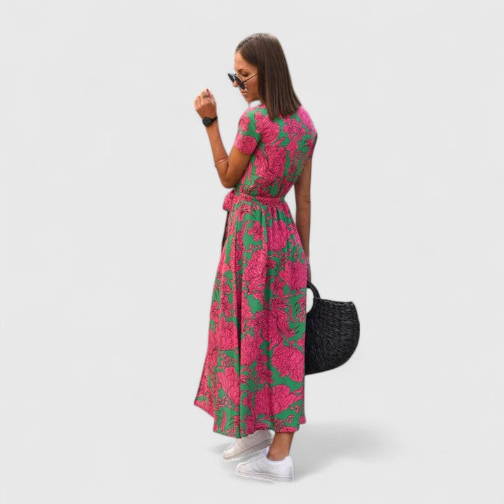 Women's elegant midi wrap dress, perfect for summer casual or evening wear.