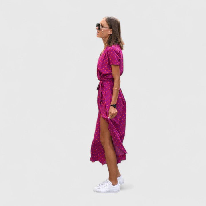 Stylish women's midi wrap dress, an elegant choice for any occasion or party.