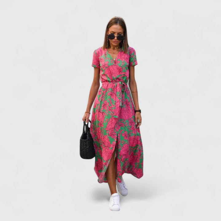 Elegant women's summer midi wrap dress, suitable for parties, casual outings, or evening wear.