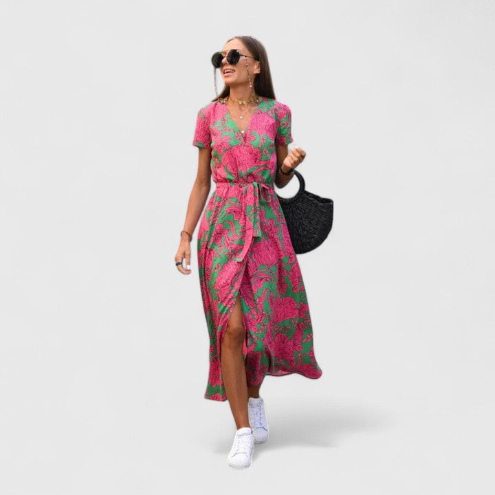 Versatile women's midi wrap dress, an elegant and flattering choice for summer parties.