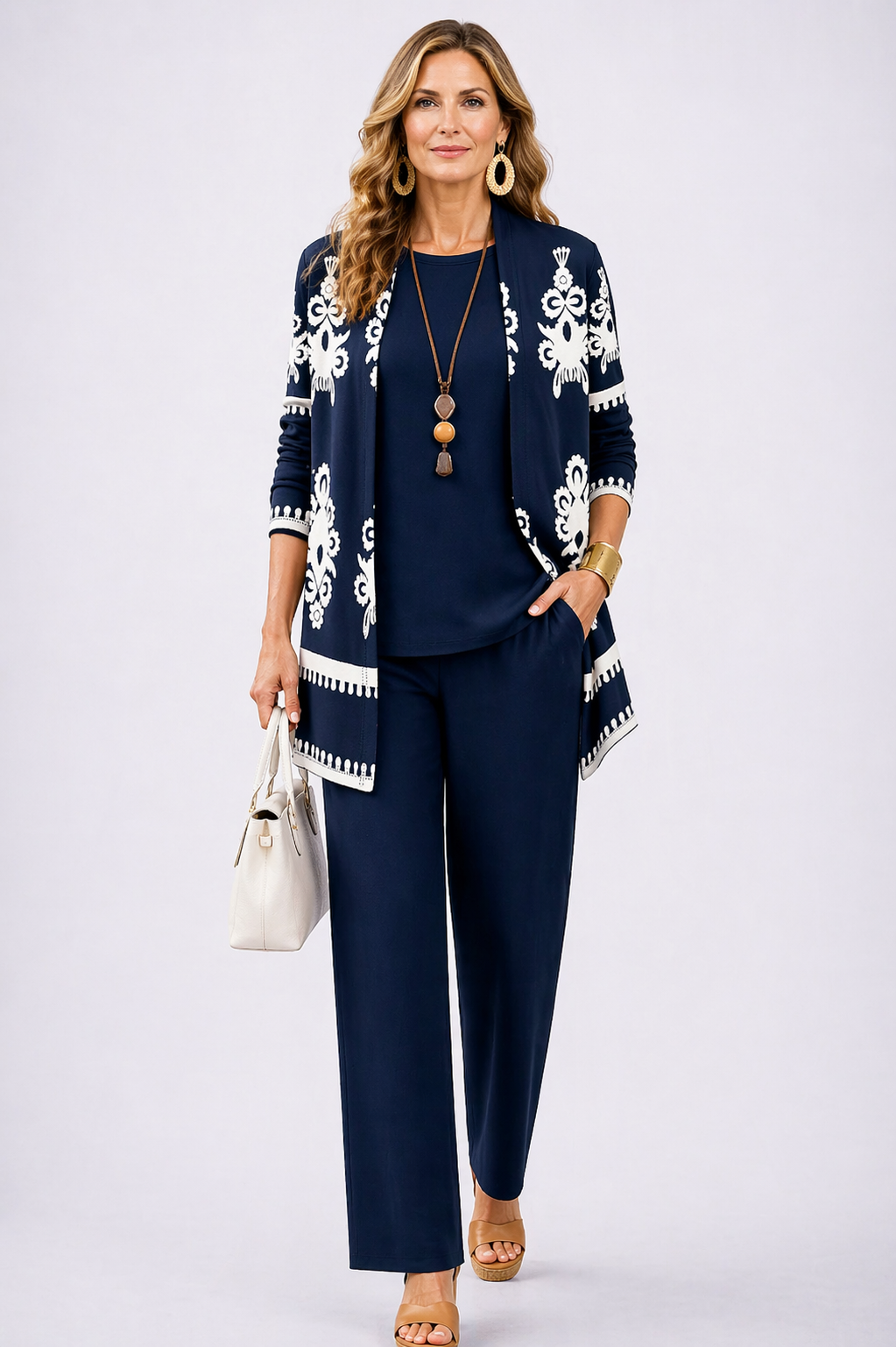 Women's elegant navy blue 3-piece set: long sleeve top, wide-leg pants & open cardigan. Fall/spring fashion.