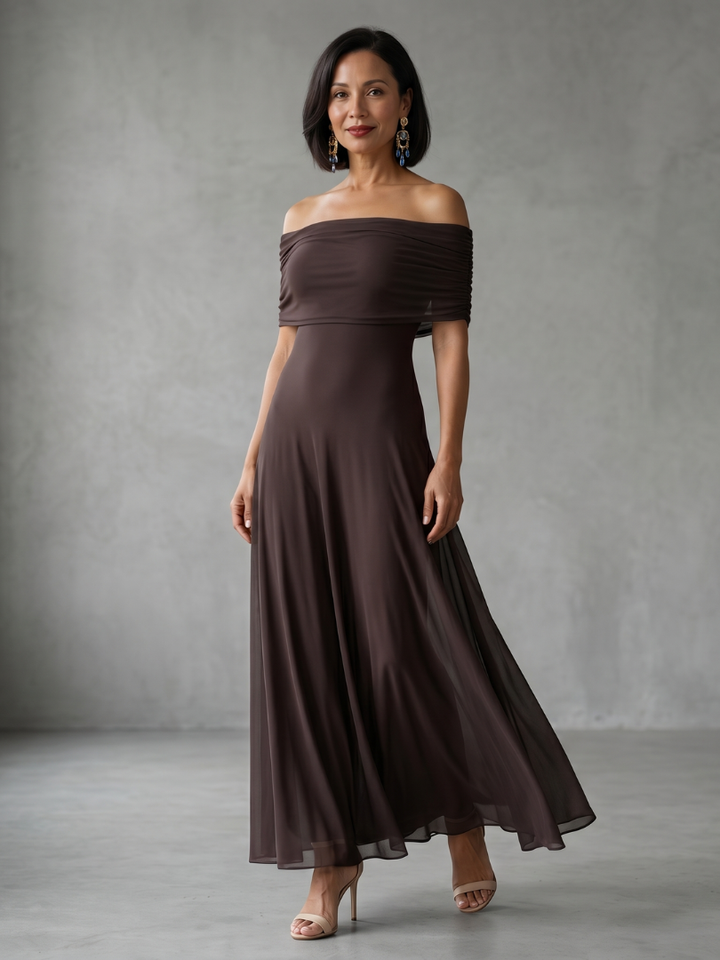 Women's elegant off shoulder draped midi dress. Perfect for evening or formal events.