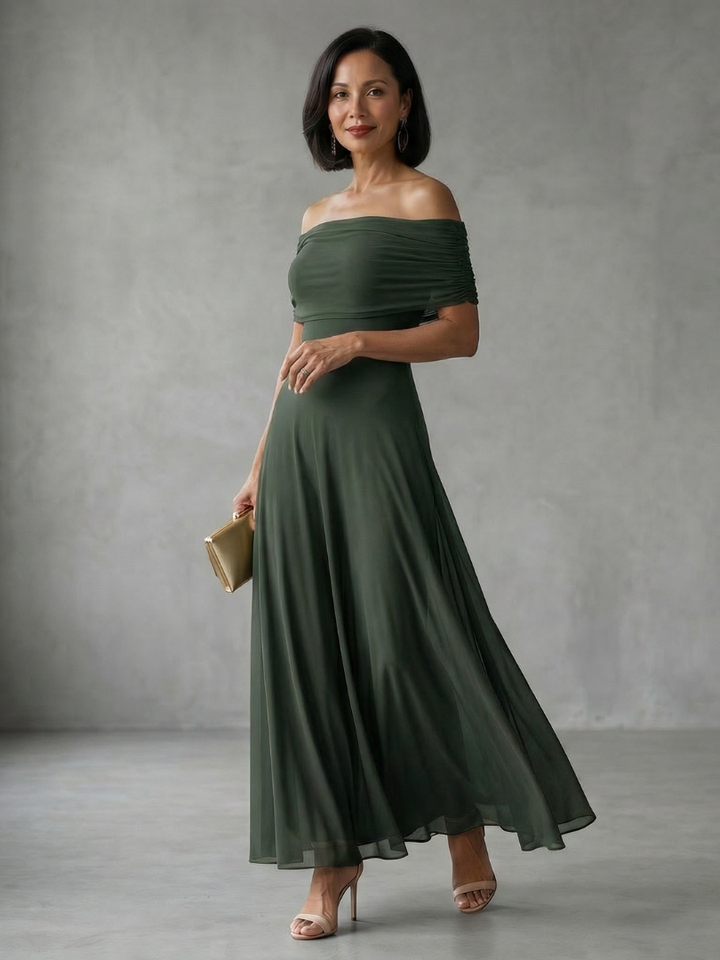 Women's elegant off shoulder draped midi dress in various colors for any special occasion.